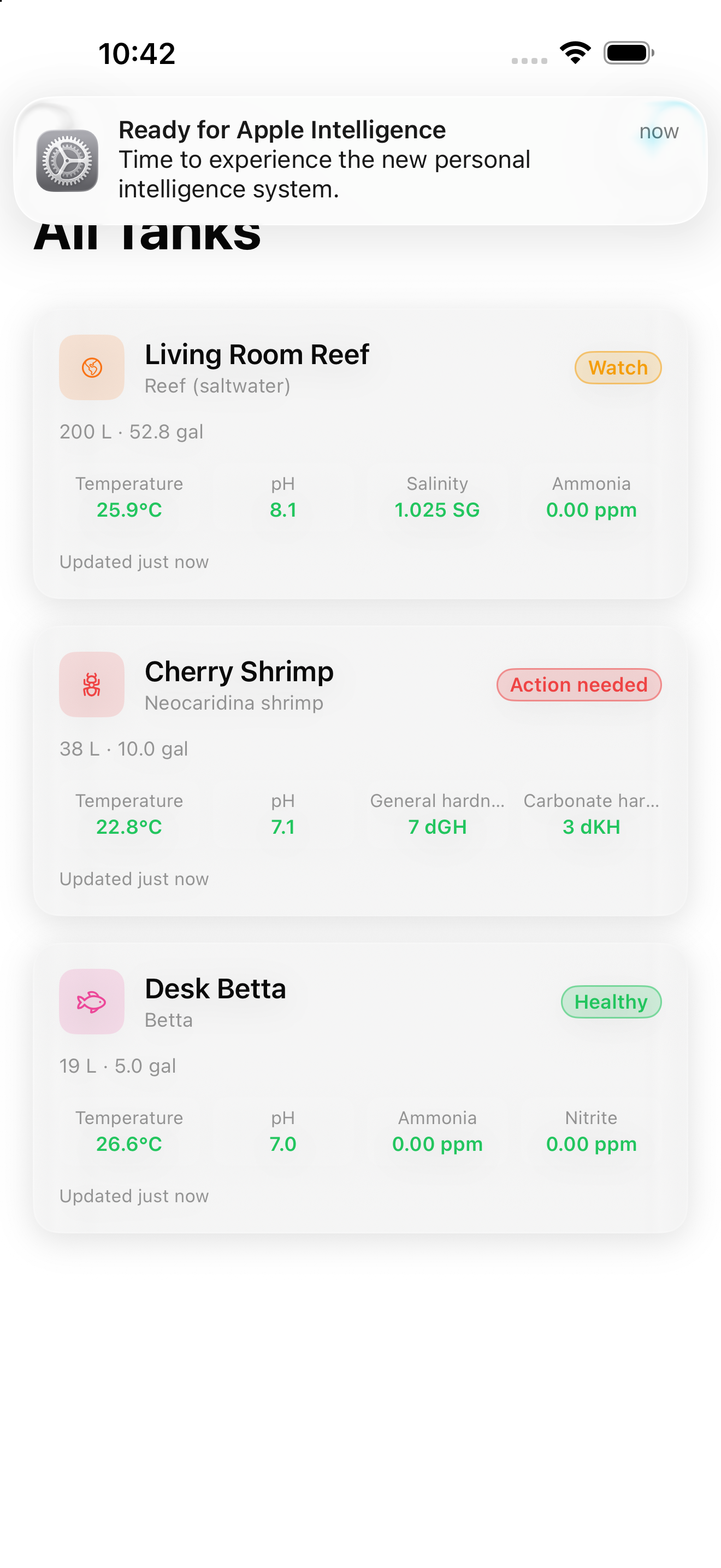 All tanks dashboard with health badges
